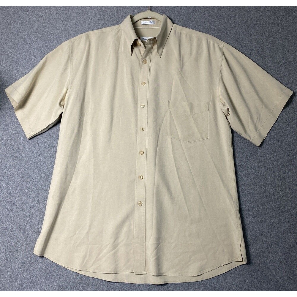 Vintage Burma Bibas 100% Silk Beige Shirt Short Sleeves Sz M